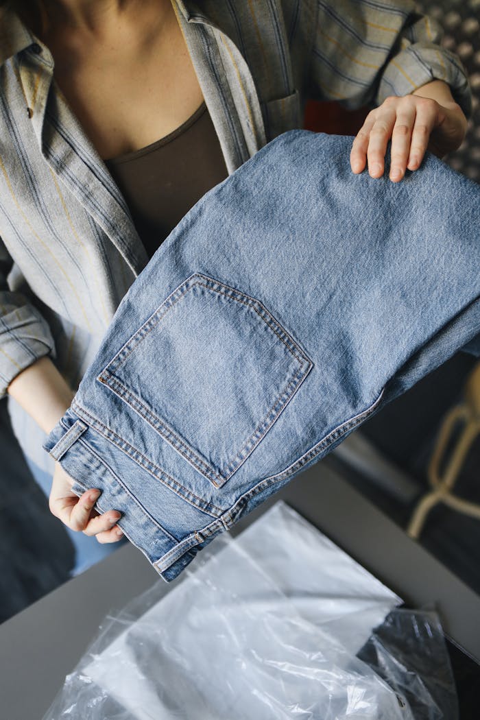 Close-up of a woman holding a folded pair of denim jeans, highlighting casual fashion.
